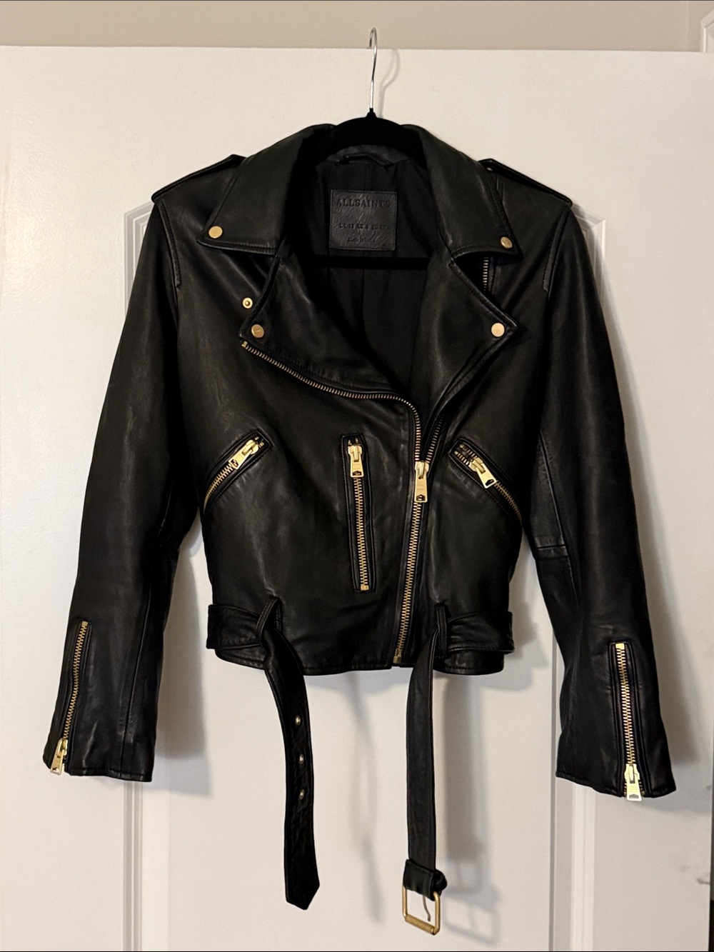 AllSaints Black Leather Moto Jacket with Gold Hardware